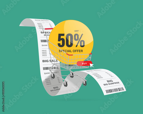 Circle yellow promotional tag label with text special offer 50% off placed in shopping cart and all floating in the air on top of receipt paper, vector 3d isolated for banner advertising design