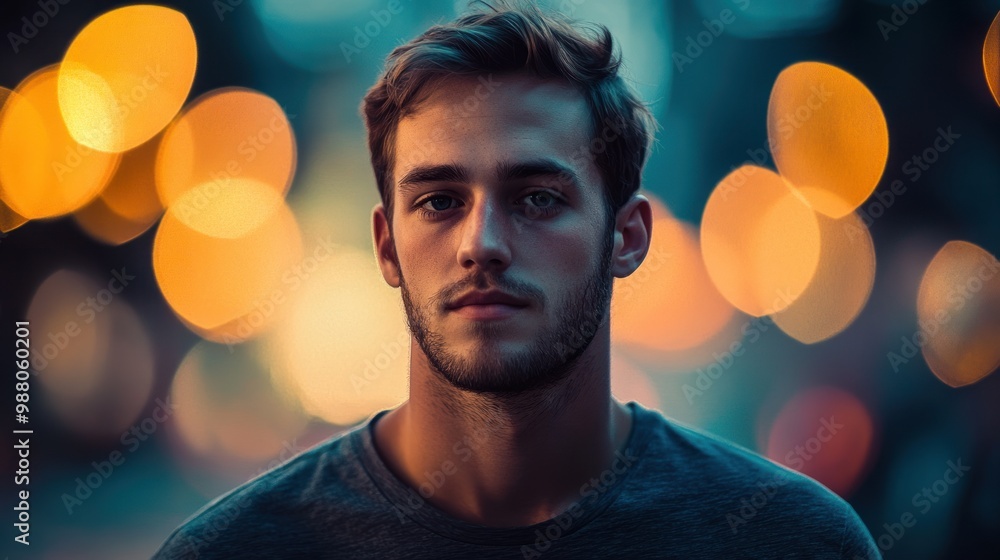 A portrait of a young man against a blurred city background with glowing lights. A portrait of a young man against a blurred city background with glowing lights.