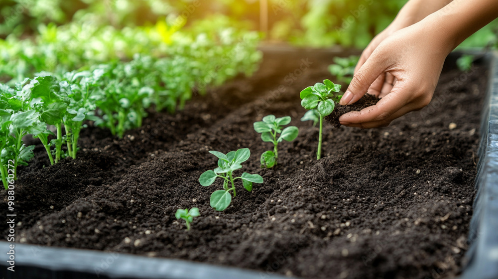 hands gently planting baby plants into rich, dark soil, symbolizing growth, nurturing, and the promise of new beginnings in a vibrant garden setting