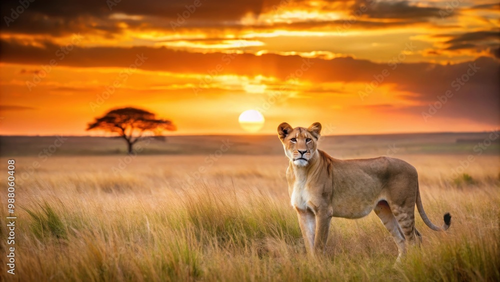 Lioness in the African savanna at sunset in Kenya , wildlife, safari, majestic, predator, beautiful, carnivore, African Lioness in the African savanna at sunset in Kenya , wildlife, safari, majestic, predator, beautiful, carnivore, African