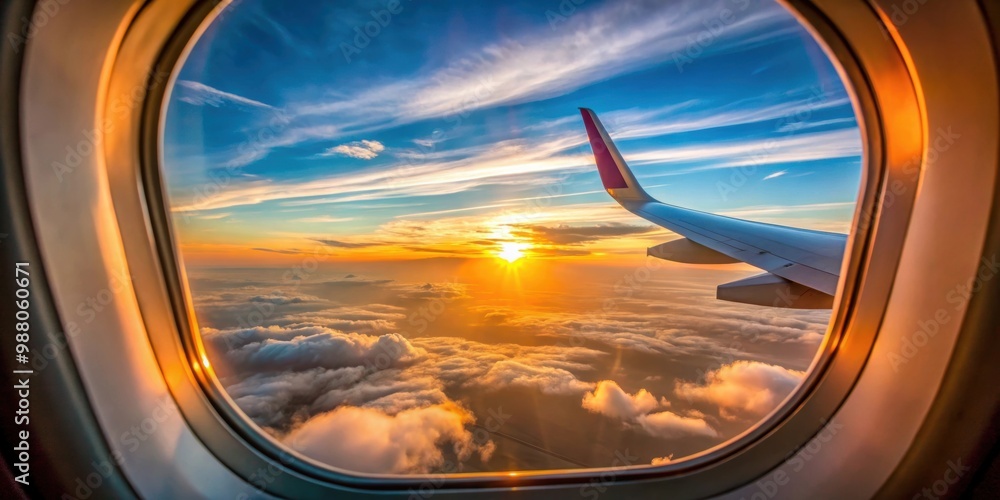 Sunset view from airplane window on wing , Flying, traveling, airplane wing, sunset, clouds, sky, horizon Sunset view from airplane window on wing , Flying, traveling, airplane wing, sunset, clouds, sky, horizon