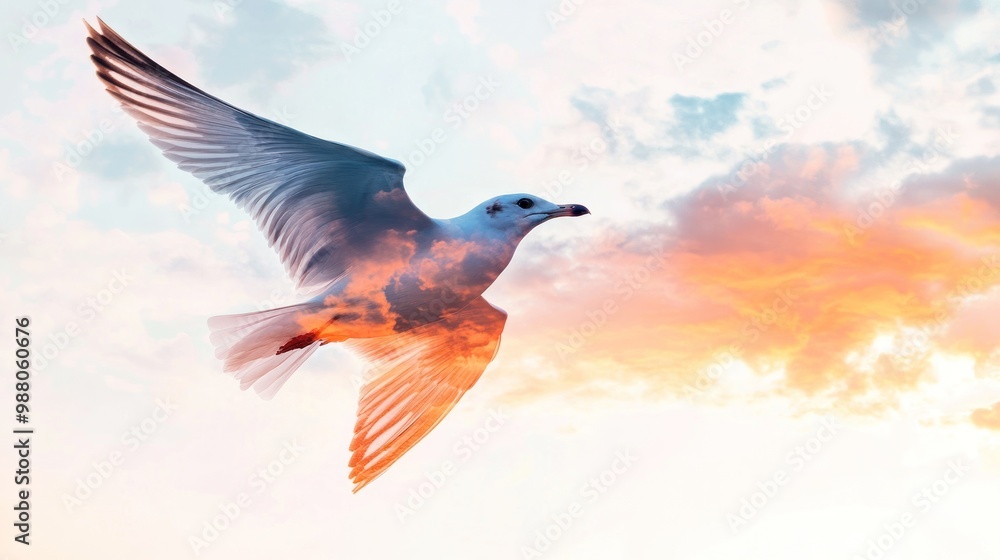 Obraz premium A bird in flight against a colorful sky, blending nature and artistry.