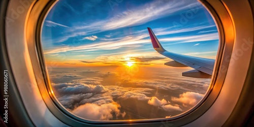 Sunset view from airplane window on wing , Flying, traveling, airplane wing, sunset, clouds, sky, horizon