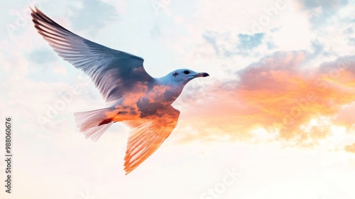 A bird in flight against a colorful sky, blending nature and artistry.