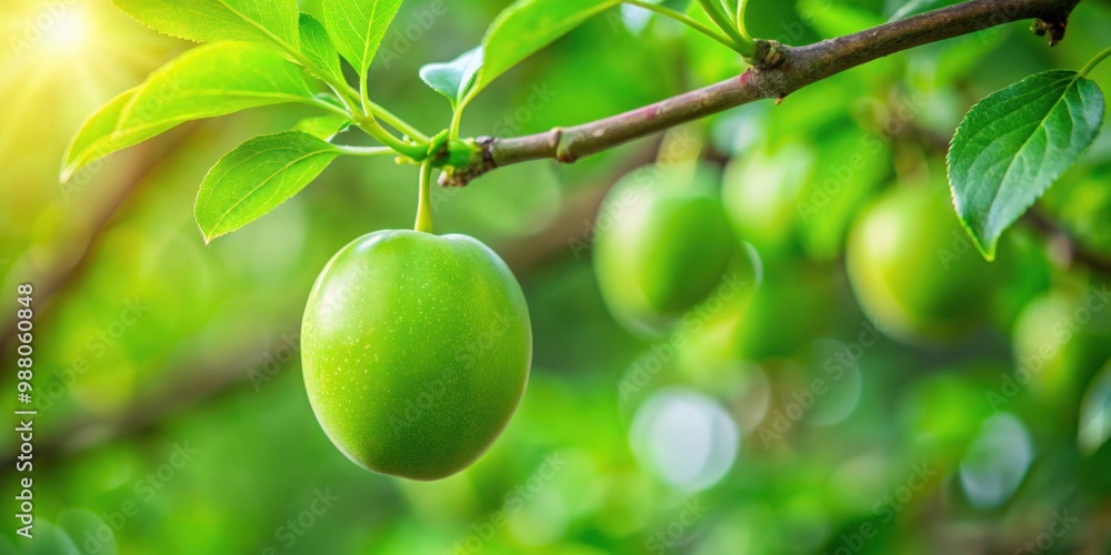 Green ripening plum hanging on a tree surrounded by lush green foliage in a garden , plum, green, ripening, tree, foliage, garden Green ripening plum hanging on a tree surrounded by lush green foliage in a garden , plum, green, ripening, tree, foliage, garden