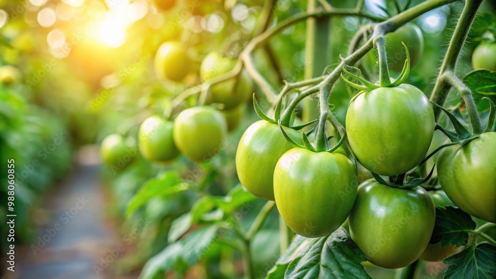 Unripe green tomatoes hanging on a vine in a lush vegetable garden , tomatoes, green, unripe, vine, branch, garden Unripe green tomatoes hanging on a vine in a lush vegetable garden , tomatoes, green, unripe, vine, branch, garden