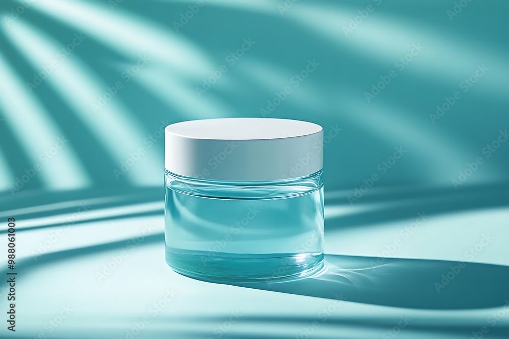 Glass Jar of Blue Liquid with White Lid on a Teal Background Glass Jar of Blue Liquid with White Lid on a Teal Background