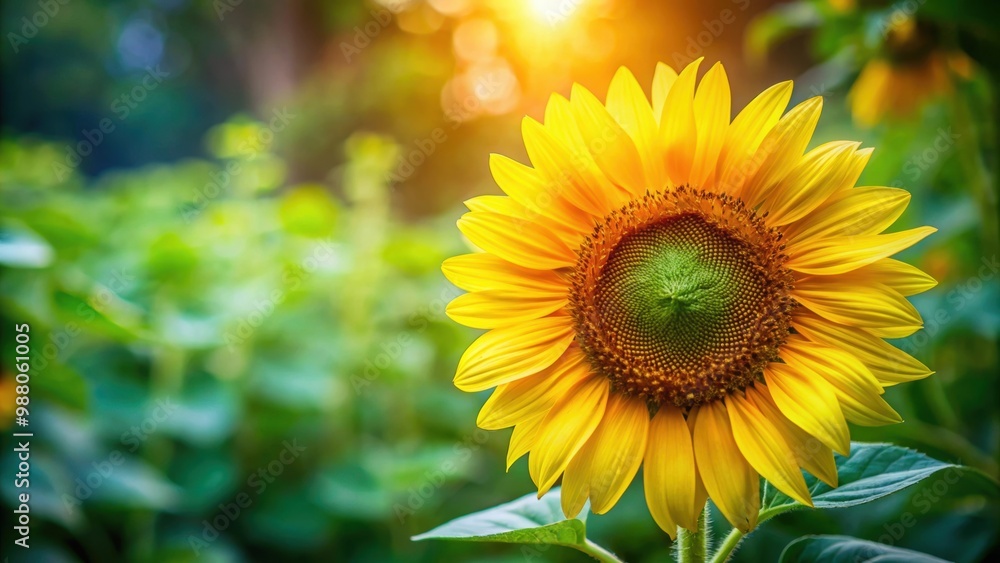 Naklejka premium Closeup of a vibrant sunflower with yellow petals and green leaves in a garden , bloom, botanical, bright, flora, stunning