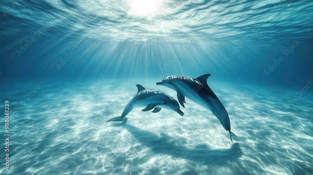 Two dolphins swimming gracefully in clear blue water with sunlight filtering through. Two dolphins swimming gracefully in clear blue water with sunlight filtering through.