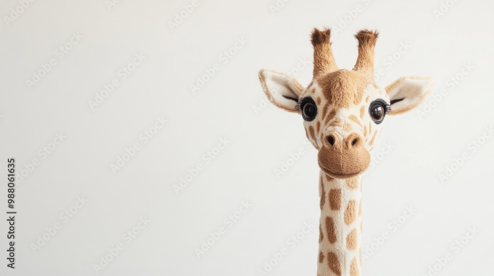 Naklejka premium A plush giraffe toy with a friendly expression against a light background.