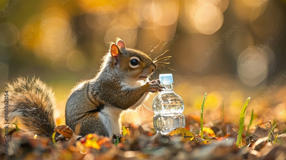 Obraz premium A curious squirrel takes a refreshing drink from a bottle, showcasing its adaptability and resourcefulness in the natural world
