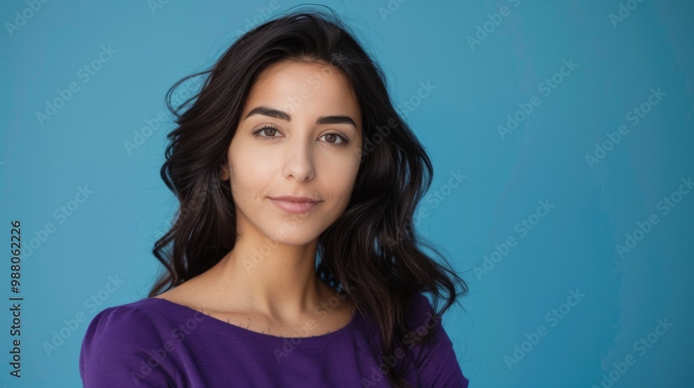 Portrait of confident Middle Eastern woman in purple top. Isolated on blue background. Portrait of confident Middle Eastern woman in purple top. Isolated on blue background.