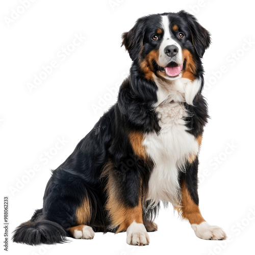Happy Bernese Mountain Dog Portrait Against White Background