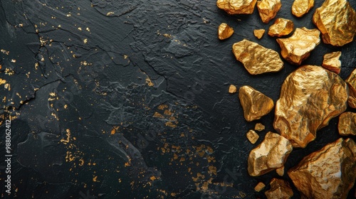 Shimmering gold nuggets on black background, symbolizing wealth and success. Copy space for business and treasure concepts.