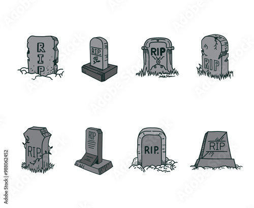 Bundle of RIP Grave Illustration, Halloween Element Design, Handdrawn Style