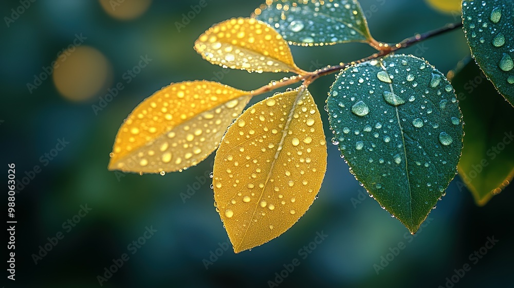 Dew-Covered Yellow and Green Leaves Close-Up Dew-Covered Yellow and Green Leaves Close-Up