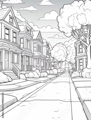 Wallpaper Mural  A coloring book page featuring an American neighborhood with large, single-family houses and trees along the street in black lines on a white background Torontodigital.ca