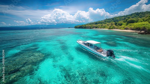 Scenic Tropical Seascape with Boat in Crystal Water