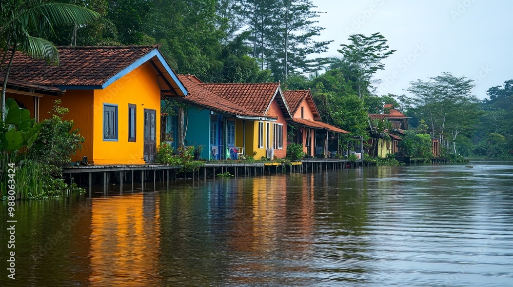 Colorful Houses Along a Serene Riverbank Landscape Colorful Houses Along a Serene Riverbank Landscape
