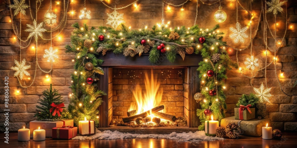 Cozy fireplace with a roaring fire, snowflakes swirling around, and a festive garland with twinkling lights, winter, holiday Cozy fireplace with a roaring fire, snowflakes swirling around, and a festive garland with twinkling lights, winter, holiday