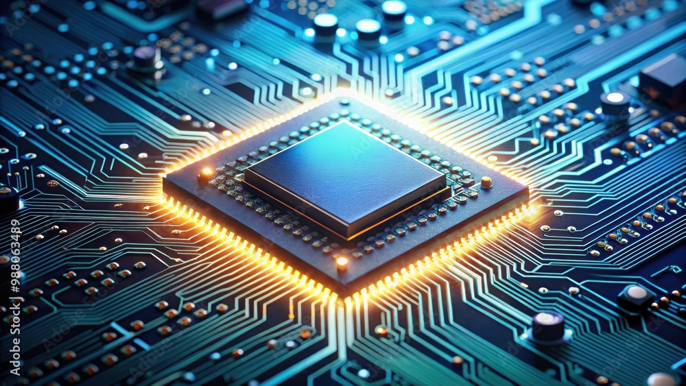 Close-up view of a microchip with intricate details and glowing lights on a circuit board , technology Close-up view of a microchip with intricate details and glowing lights on a circuit board , technology