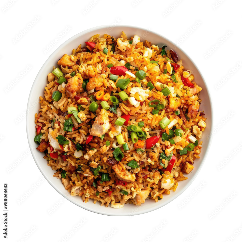 Garlic Chicken Fried Rice Overhead Shot in White Bowl Garlic Chicken Fried Rice Overhead Shot in White Bowl