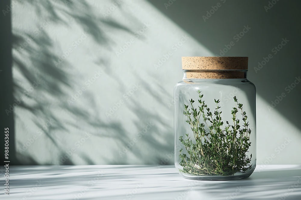 Glass Jar with Fresh Thyme Herbs on a White Table Glass Jar with Fresh Thyme Herbs on a White Table