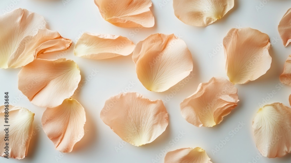 A scattering of soft peach rose petals on a light background, evoking romance and beauty. A scattering of soft peach rose petals on a light background, evoking romance and beauty.
