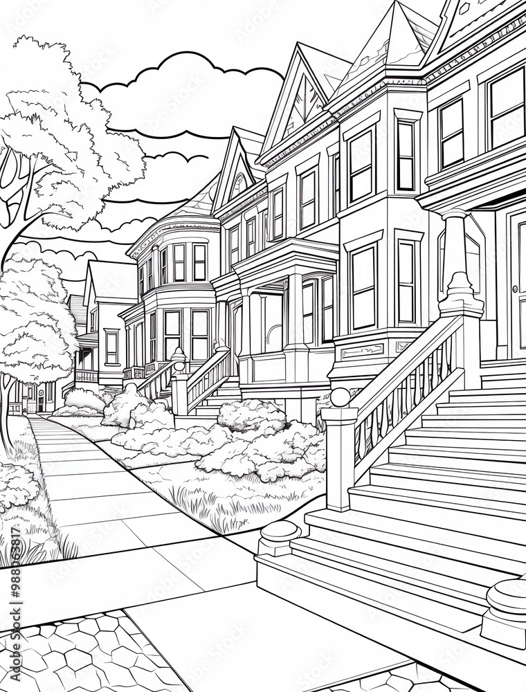 Obraz premium A row of Victorian houses with intricate wooden accents and large front porches