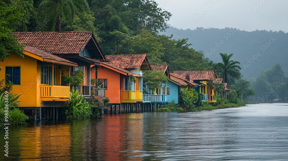 Colorful Houses by Tranquil River in Misty Landscape Colorful Houses by Tranquil River in Misty Landscape