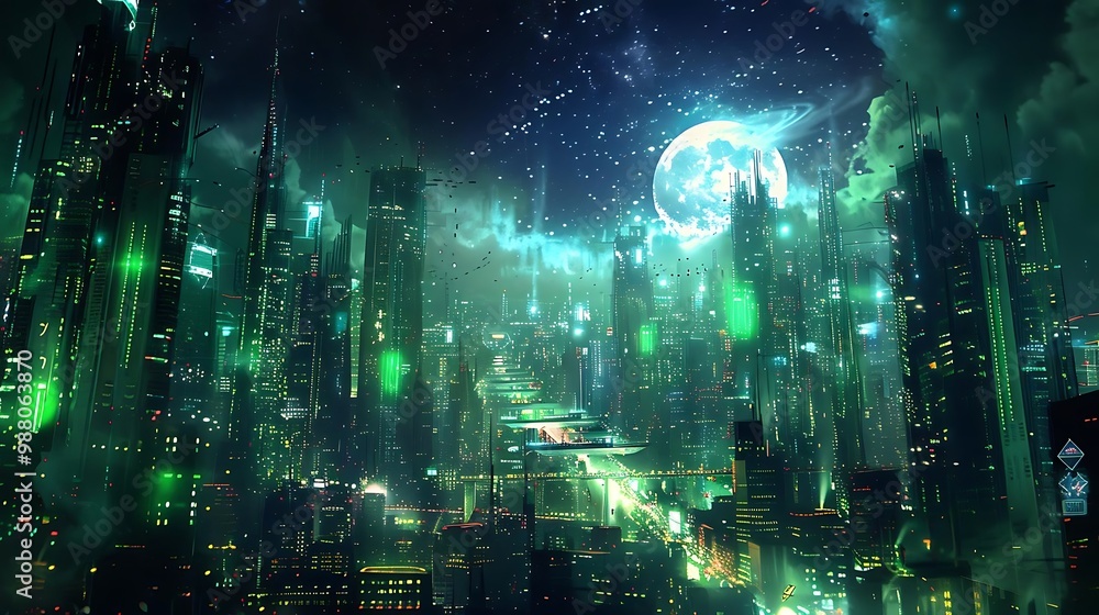Obraz premium A futuristic cityscape illuminated by neon lights under a starry sky.
