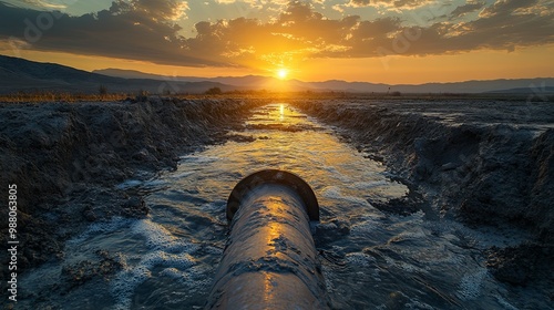 Sunset Over Flowing Water Pipe in Landscape