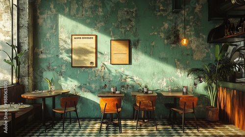Cozy Vintage Restaurant Interior with Green Walls