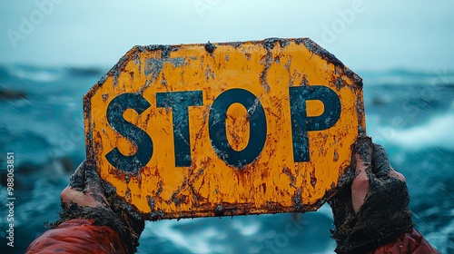 Weathered Stop Sign Against Ocean Background