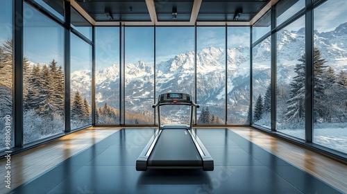 Modern Gym with Scenic Mountain View in Winter