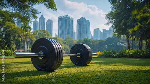 Modern Urban Park with Barbell and Skyscraper Background