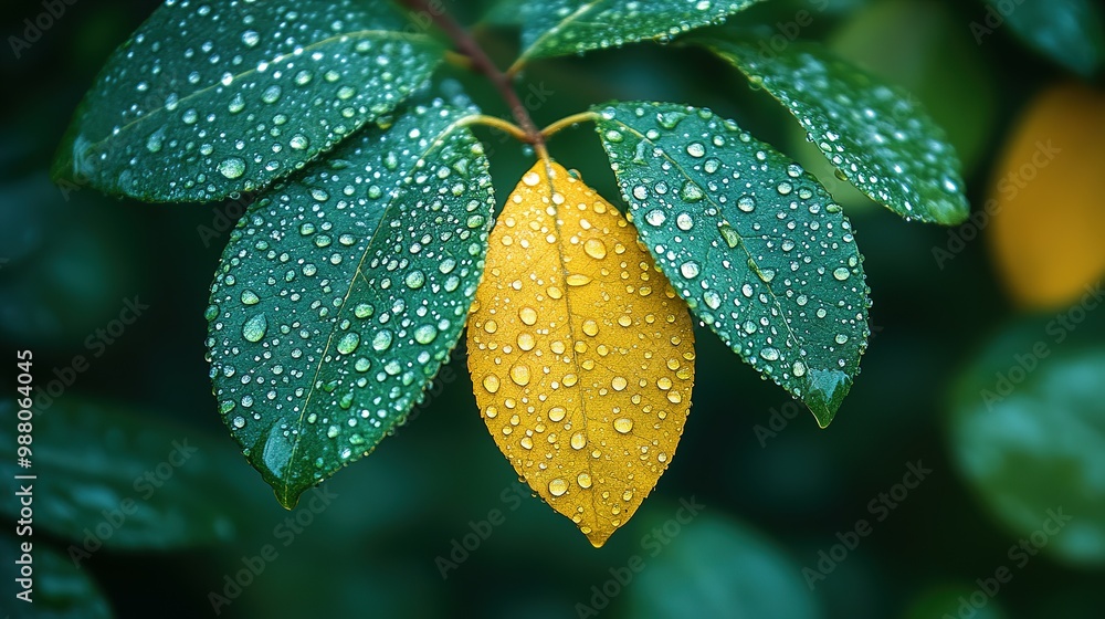 Close-up of a Yellow Leaf Covered in Raindrops, Surrounded by Green Leaves Close-up of a Yellow Leaf Covered in Raindrops, Surrounded by Green Leaves