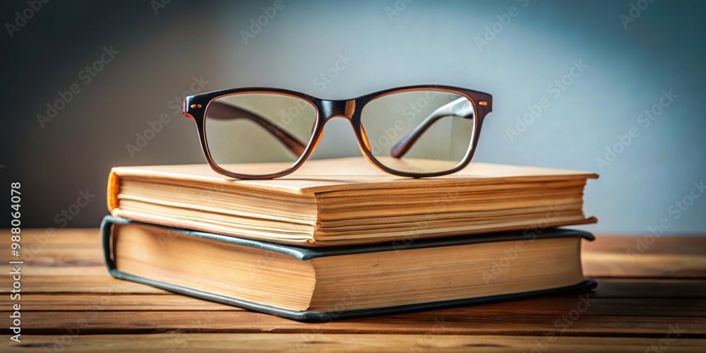 Eyeglasses resting on a stack of books , reading, studying, education, relaxed, lifestyle, leisure, vision, knowledge Eyeglasses resting on a stack of books , reading, studying, education, relaxed, lifestyle, leisure, vision, knowledge