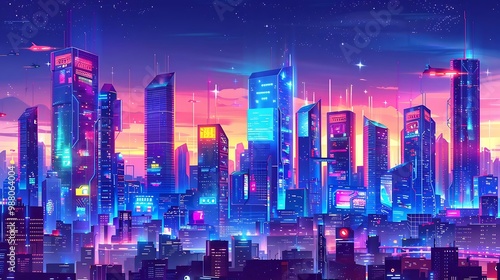 Wallpaper Mural A vibrant, futuristic cityscape at sunset with neon lights and towering skyscrapers. Torontodigital.ca