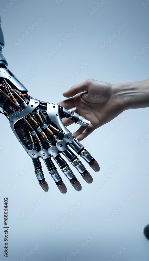 up hands man ai robot close artificial concept futuristic robot future cyborg handshake human working shaking intelligence communication hands robot futuristic artificial intelligence future