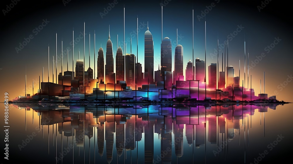 Fototapeta premium A vibrant city skyline with colorful lights reflecting in water at sunset.