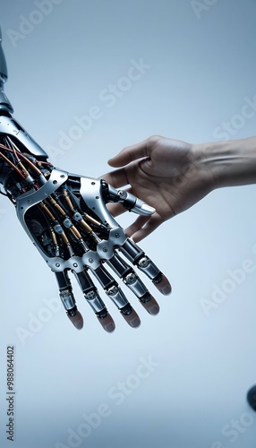 Obraz na płótnie up hands man ai robot close artificial concept futuristic robot future cyborg handshake human working shaking intelligence communication hands robot futuristic artificial intelligence future w salonie