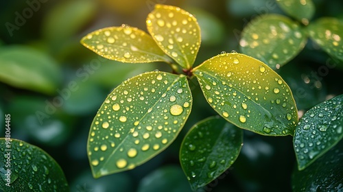 Wallpaper Mural Dewdrops Glistening on Green Leaves in Sunlight Torontodigital.ca