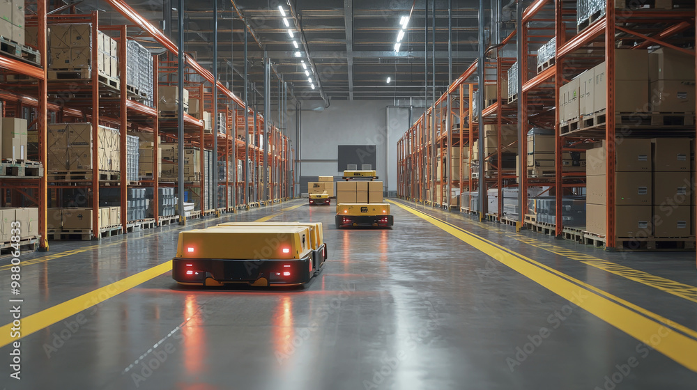 A fully automated warehouse with self-driving vehicles moving pallets, showcasing advanced logistics and automation A fully automated warehouse with self-driving vehicles moving pallets, showcasing advanced logistics and automation