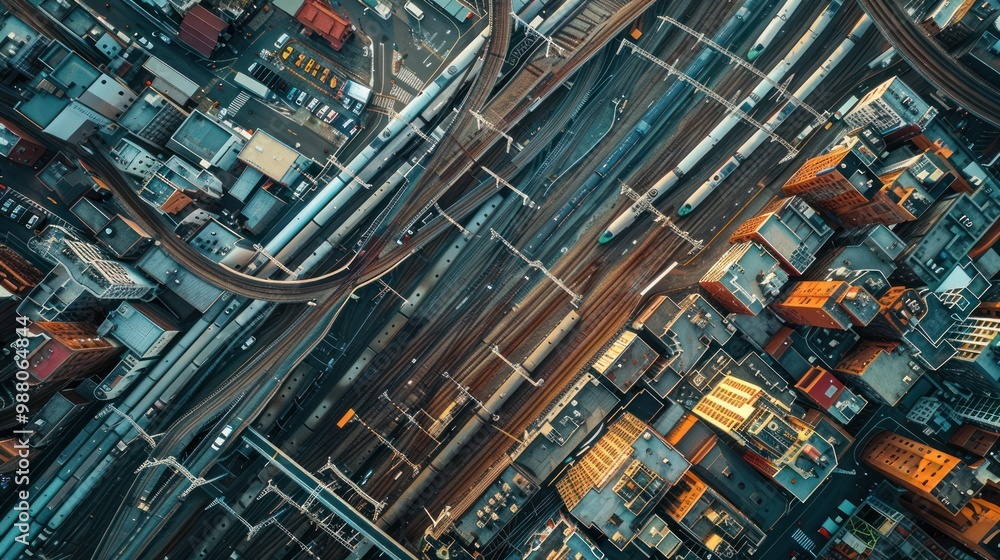 Aerial View of a Complex Railway Network in a City Aerial View of a Complex Railway Network in a City