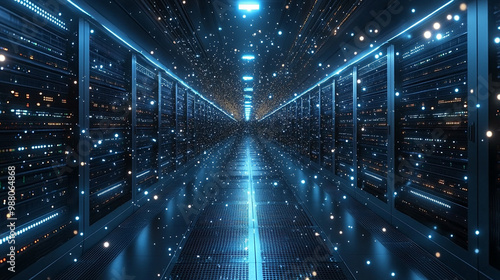 futuristic corridor in a working data center filled with rows of servers and illuminated by cool-toned lights, symbolizing technology, data processing, digital connectivity, and information flow