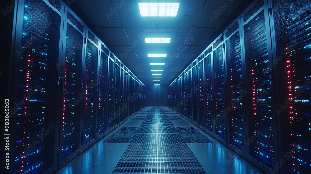 futuristic corridor in a working data center filled with rows of servers and illuminated by cool-toned lights, symbolizing technology, data processing, digital connectivity, and information flow