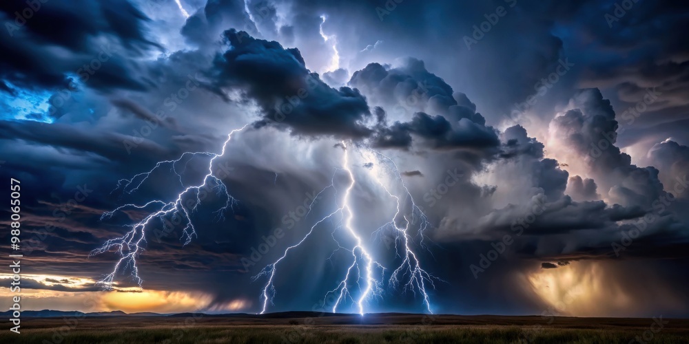 Stormy night sky with dramatic lightning strikes and ominous dark ...