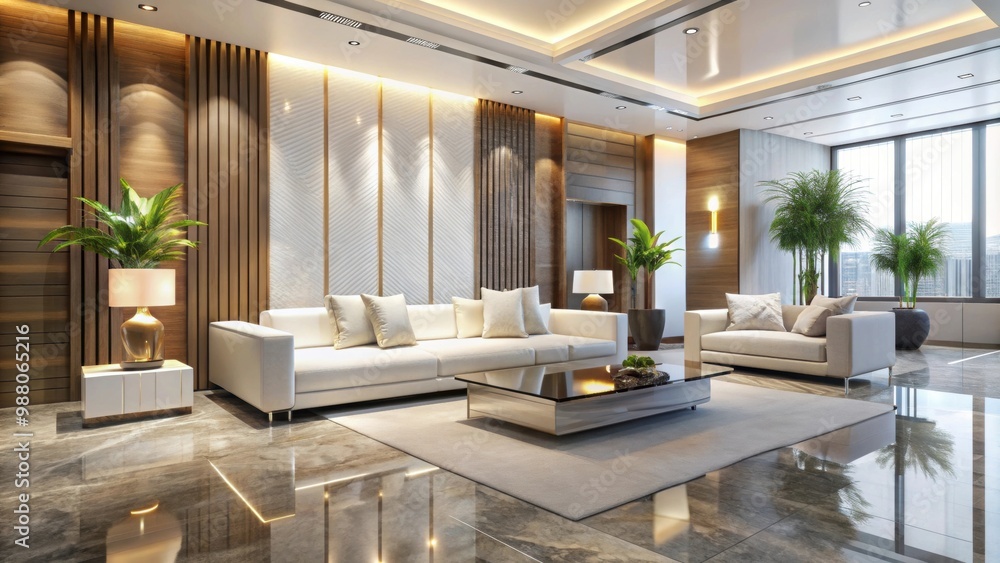 Fototapeta premium Modern hotel lobby with sleek white couch and contemporary decor, hotel, lobby, modern, couch, white