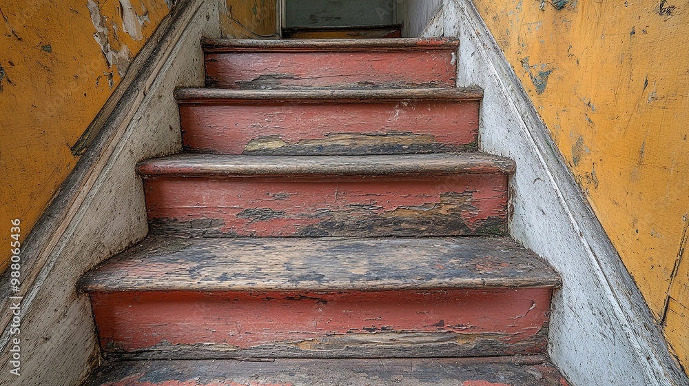 Weathered Wooden Steps with Peeling Red Paint and Yellowed Walls Weathered Wooden Steps with Peeling Red Paint and Yellowed Walls